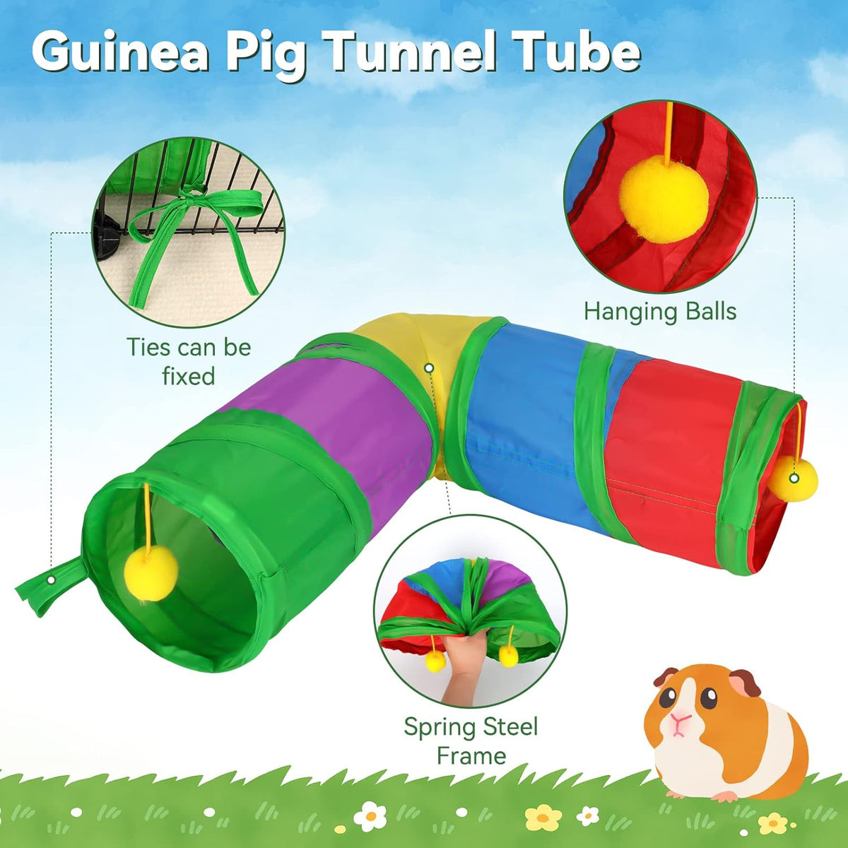 Rypet Guinea Pig Tunnels and Tubes Collapsible 2 Way and L-Type Tunnel with Interactive Ball Small