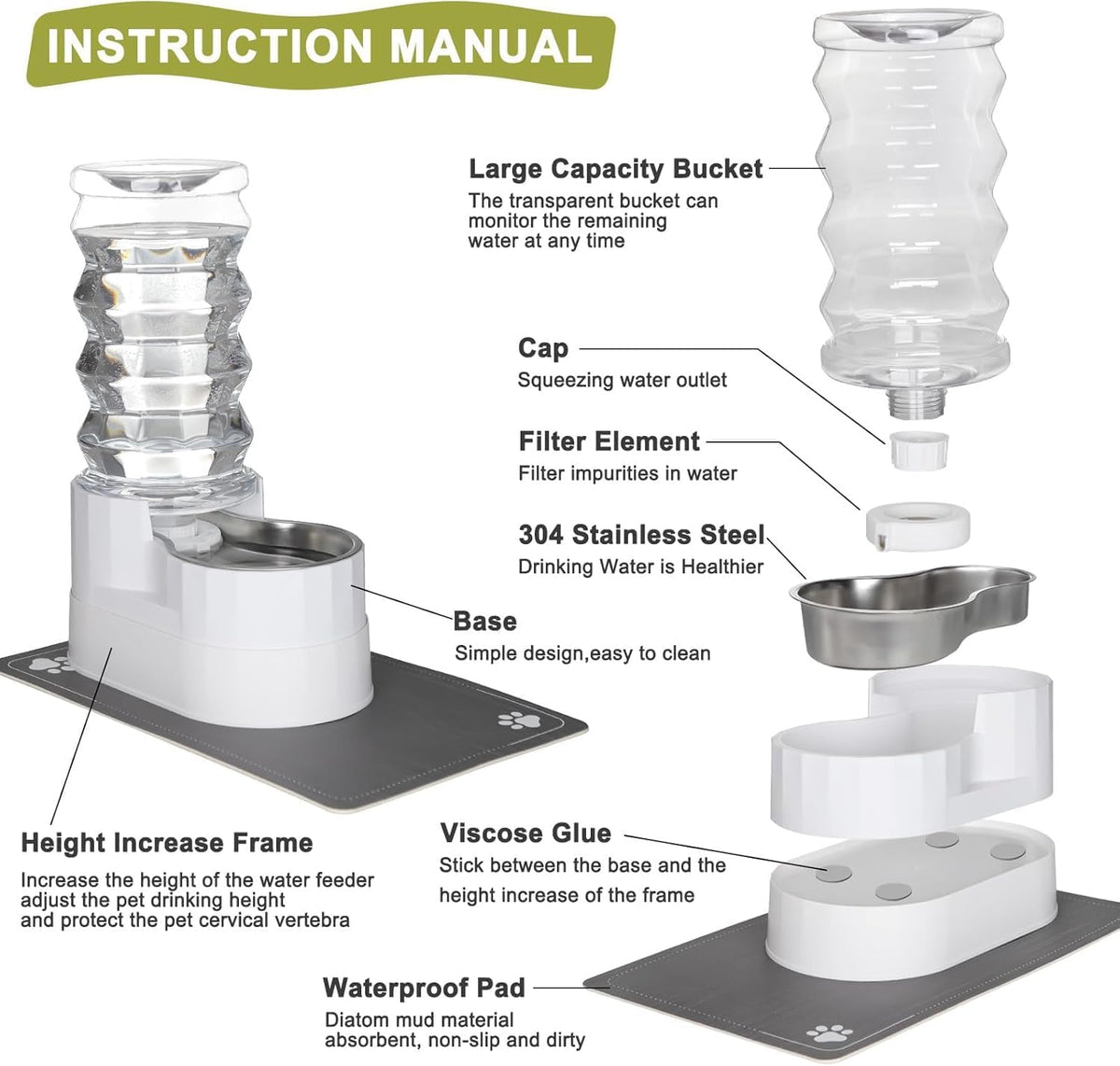 RIZZARI Large Water Dispenser for Dogs: 9L Automatic Stainless Steel Gravity Raised Pet Feeder for