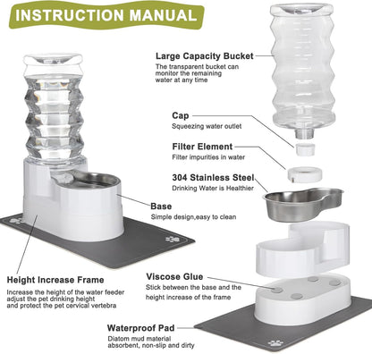 RIZZARI Large Water Dispenser for Dogs: 9L Automatic Stainless Steel Gravity Raised Pet Feeder for