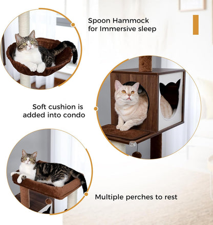 Tall Cat Tree with Litter Box Enclosure 56.7" Wooden Cat Tower for Large Cats with Cat Hammock