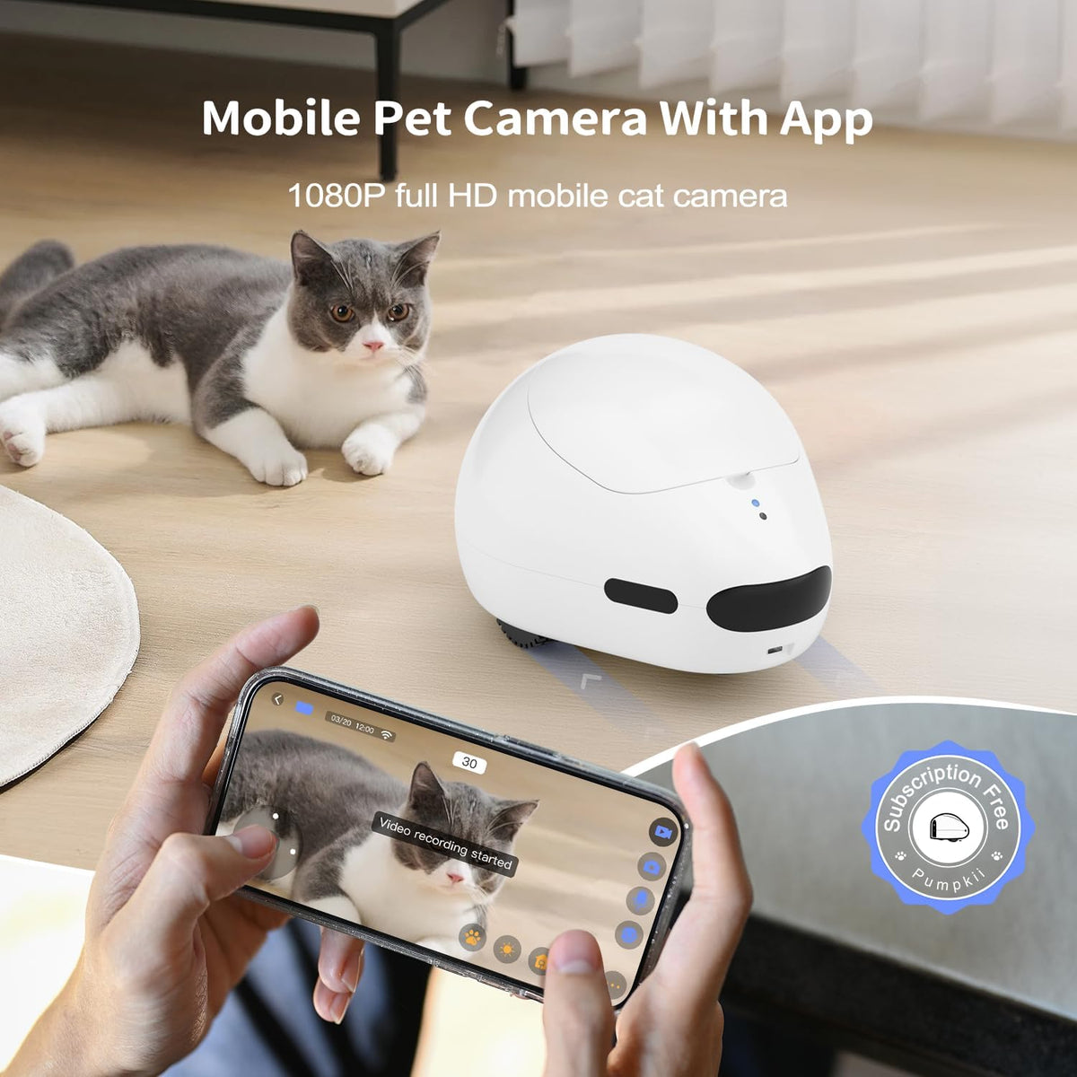 Cat Camera with Interactive Pointer Toy, Moving Robot for Dog and Cat, Mobile Pet Camera Treat