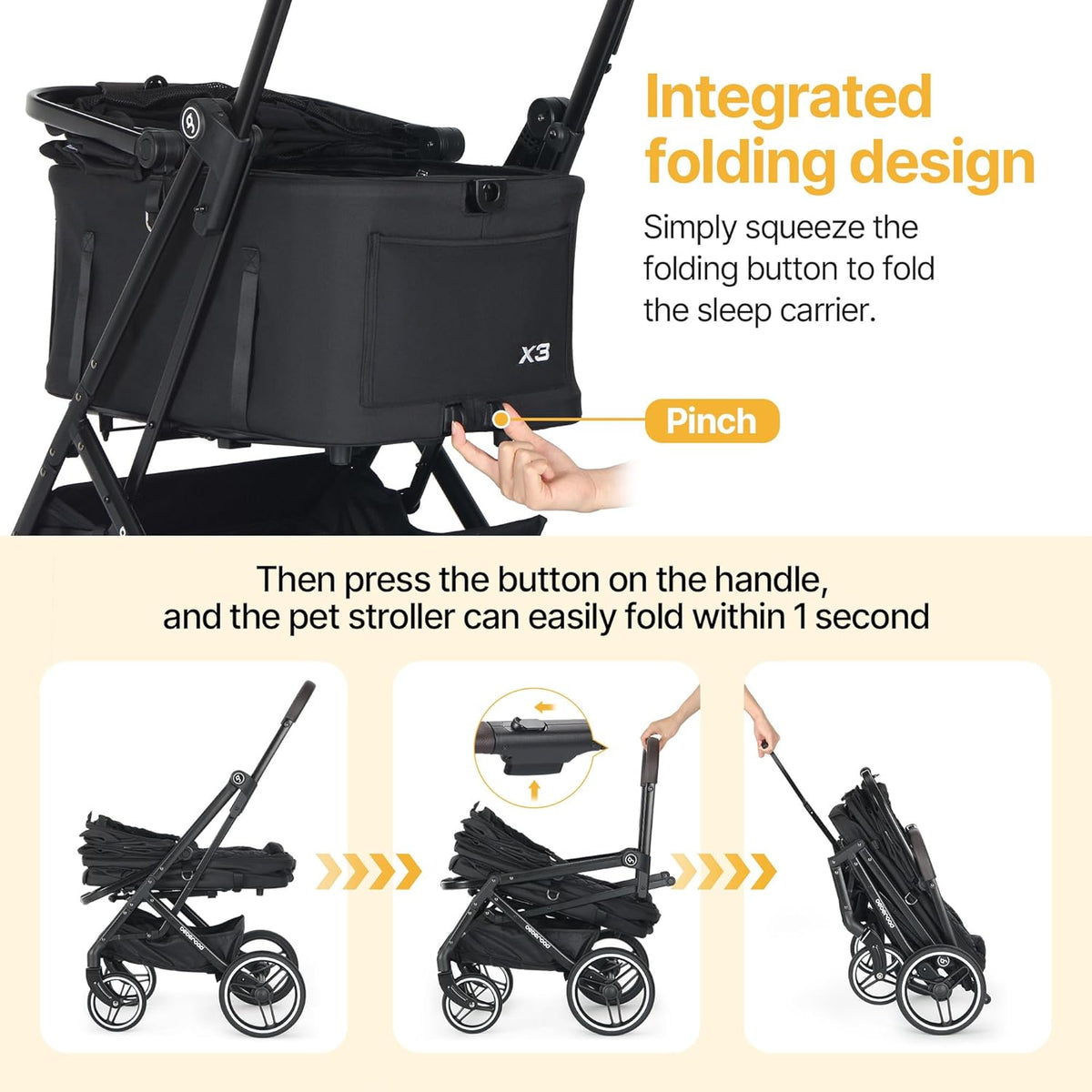 X3 2 in 1 Pet Stroller for Medium or Two Small Dogs & Cats 4 Wheels Lightweight Foldable Carrier