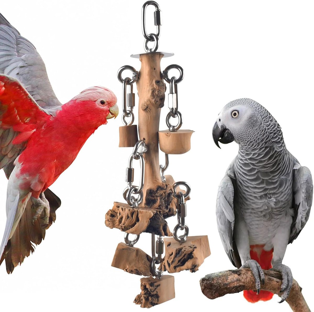 Bird Toys for Parrots, Durable Wooden Large Birds Toy with Stainless Steel, Hanging Natural Chew