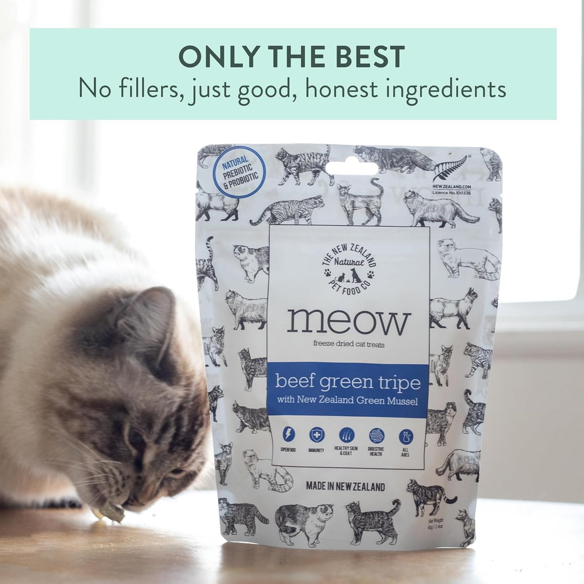 The New Zealand Natural Pet Food Co MEOW Freeze Dried Cat Treats - Beef Green Tripe with New