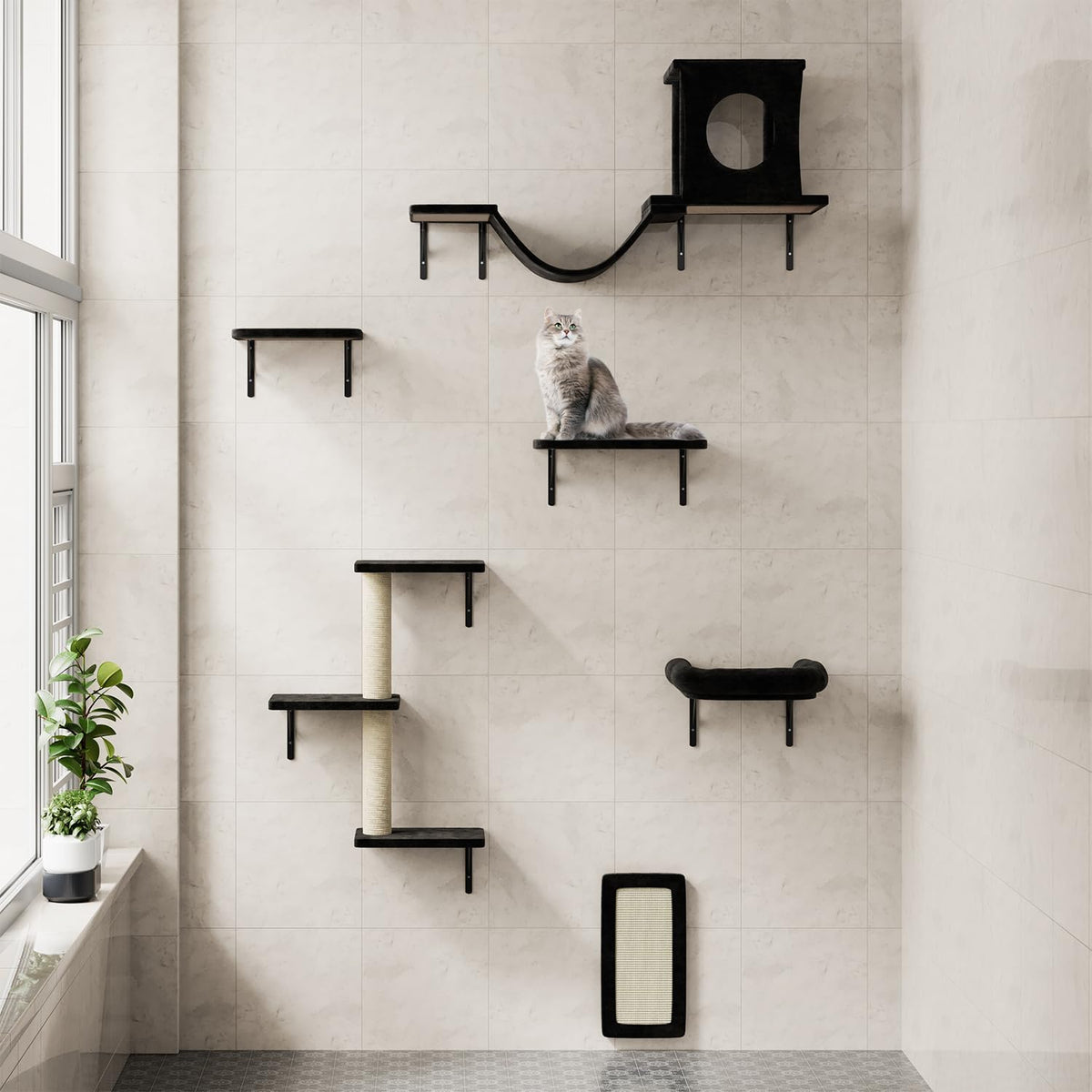 NUNU LAB Cat Wall Shelves, 6 Pcs Luxury Wall-Mounted Cat Climber Set, Indoor Cat Furniture with 1