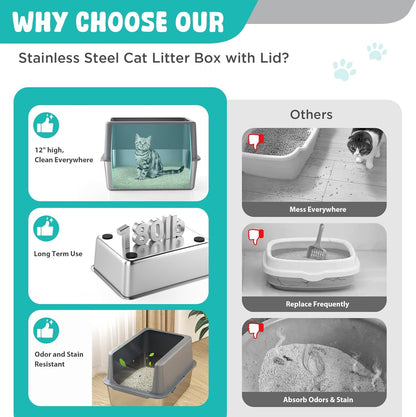 Litter Box with Lid, Stainless Steel Litter Box, 12" Metal Litter Pan High Sides, Small Litter Tray