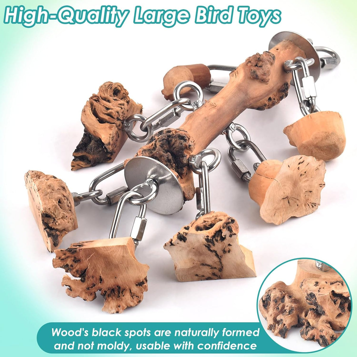 Bird Toys for Parrots, Durable Wooden Large Birds Toy with Stainless Steel, Hanging Natural Chew