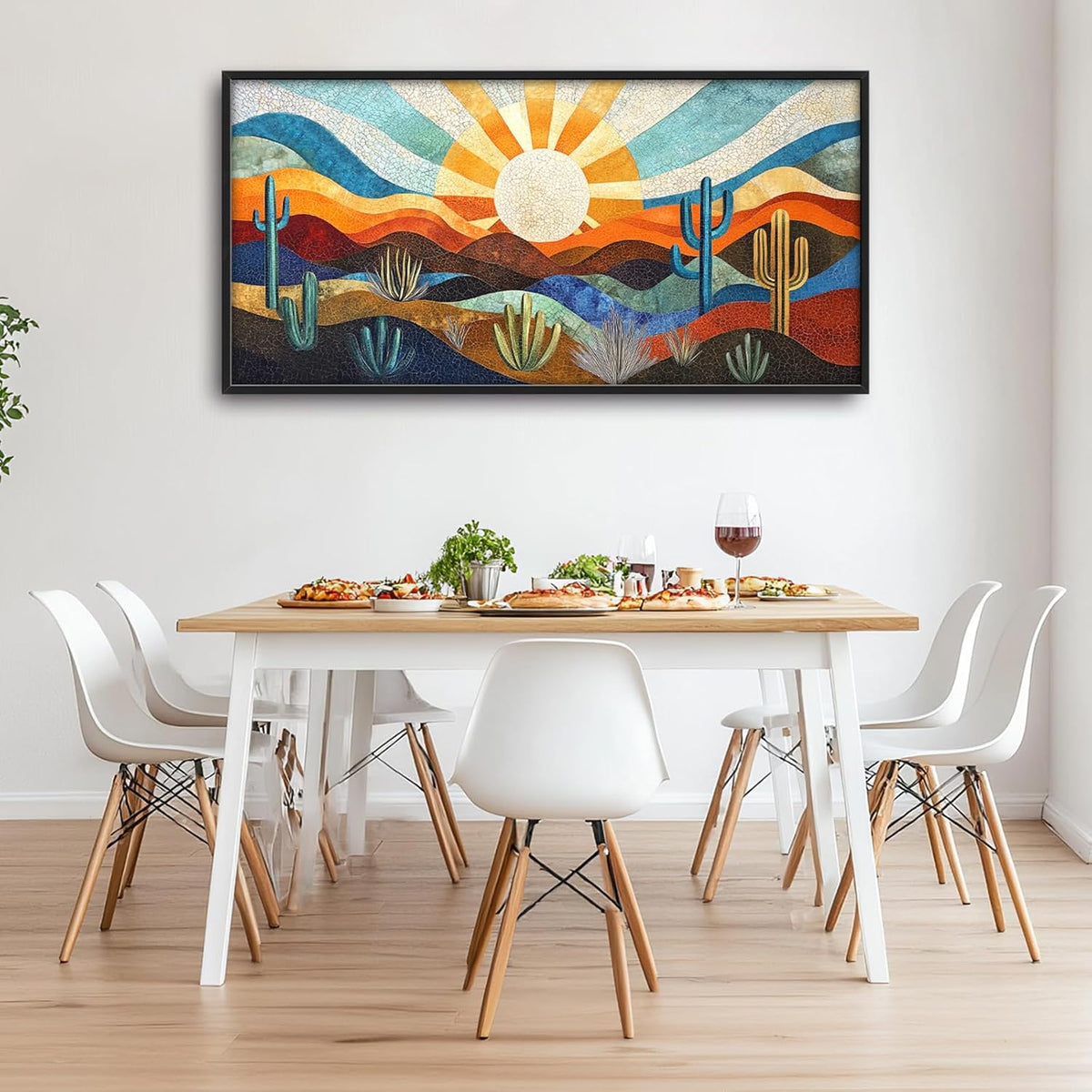 Extra Large Framed Abstract Boho Desert Wall Art, Sun Cactus Landscape Wall Decor Pictures for