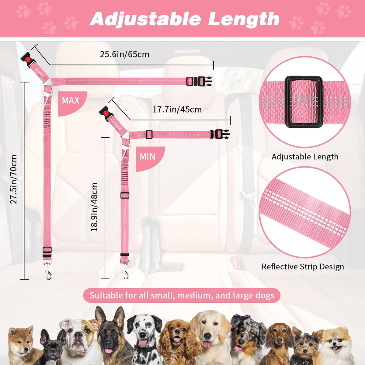 BWOGUE 2 Piece Dog Seat Belt for Car with Elastic Bungee Buffer Safety Seatbelt Car Headrest
