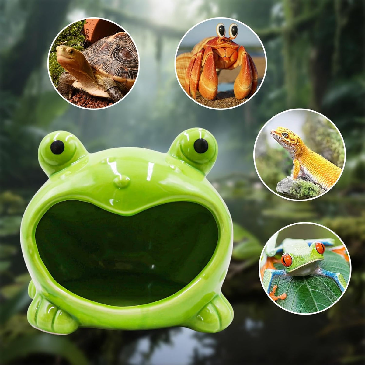 Reptile Tank Accessories – Ceramic Cartoon Frog Hideout with Open-Mouth Entrance, Cute Habitat