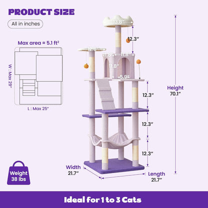 MWPO Flower Large Cat Tree, 70.1-Inch Multi-Level Tall Cat Tower for Indoor Cats, Plush Cat Condo