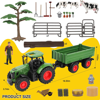 Farm Animal Tractor Toys Playset-16.5 Inches Tractor with Trailer Fence,Farmer,Tree,Cow,Farm Toy