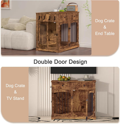BREEZEHEAT 40 inch Dog Crate Furniture-Farmhouse Dog Kennel with Drawers-End Table Wooden Pet