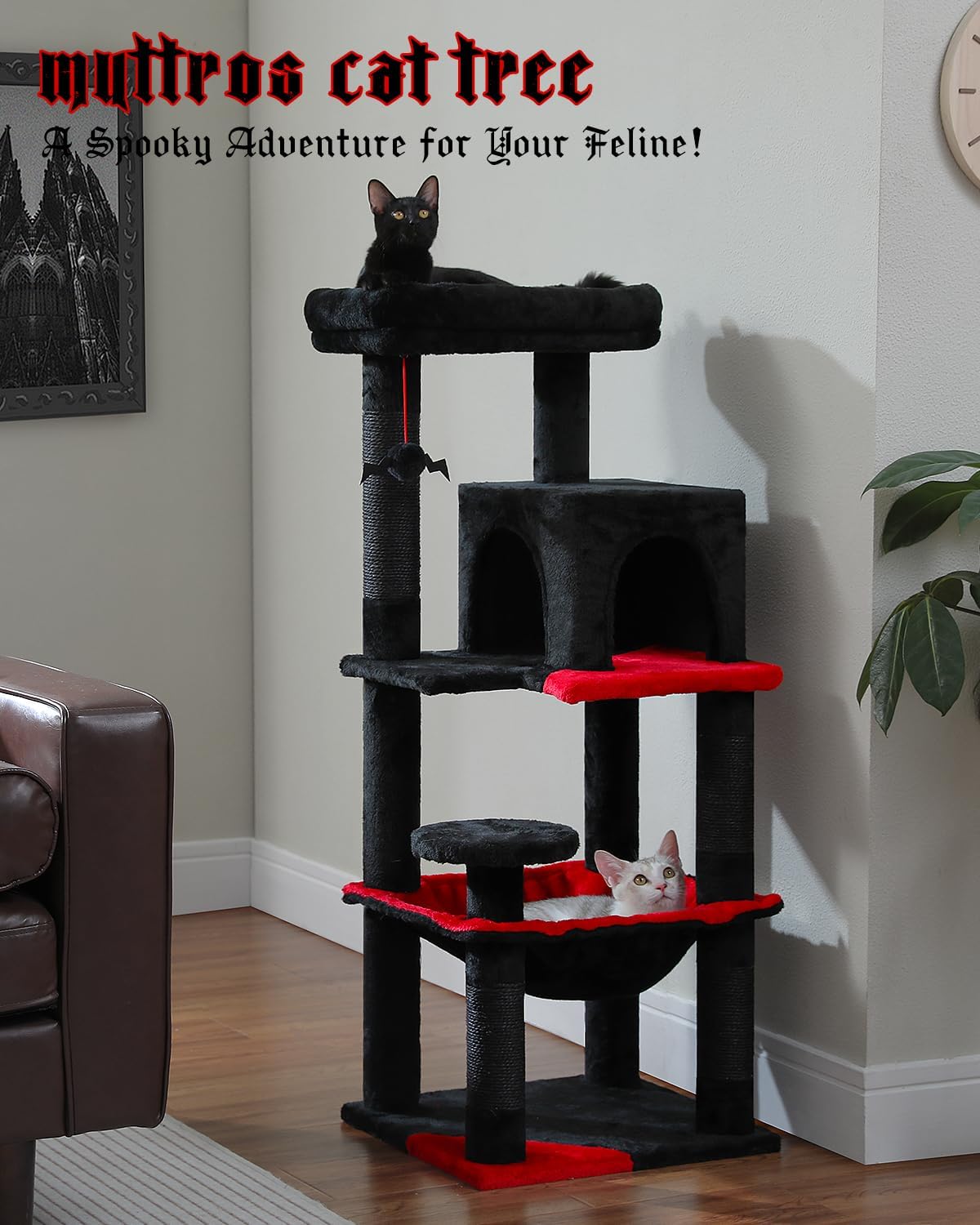 Gothic Cat Tree with Super Large Hammock, 45.7" Black Cat Tower with Coffin Bed, Cat Condo, Sisal