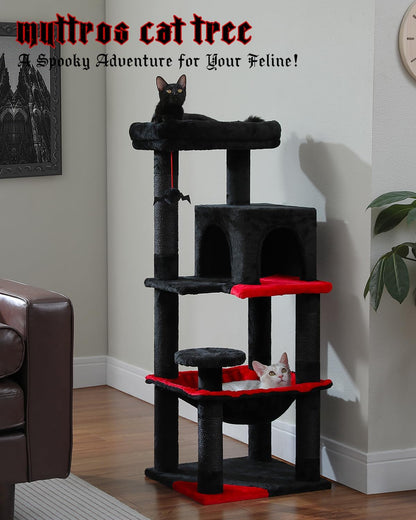 Gothic Cat Tree with Super Large Hammock, 45.7" Black Cat Tower with Coffin Bed, Cat Condo, Sisal