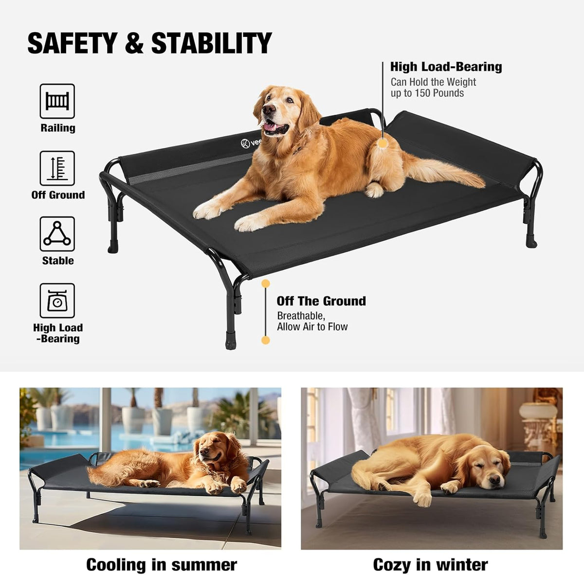 Veehoo Cooling Elevated Dog Bed, Raised Pet Cot with Guardrail & Slope Headrest, Durable &