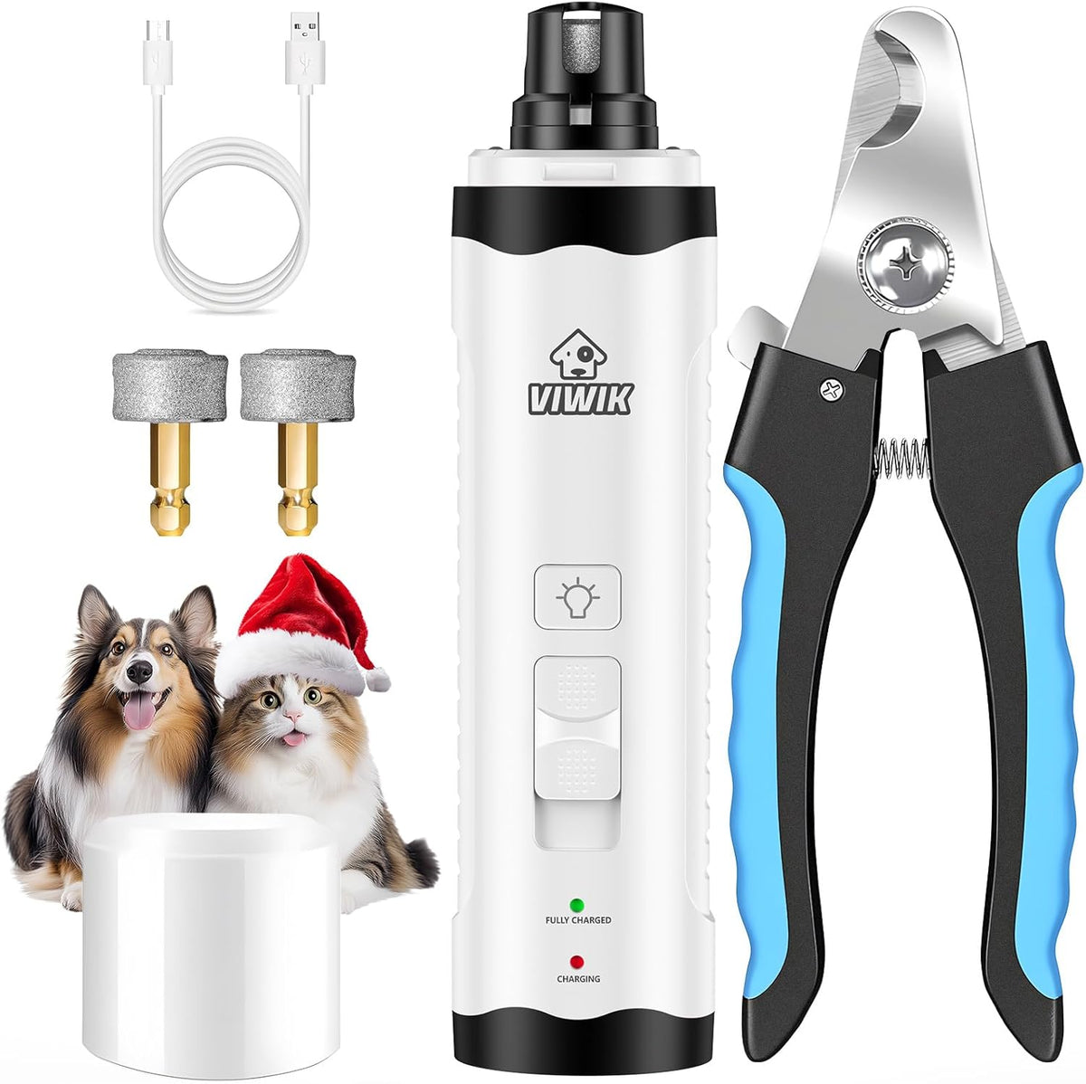 VIWIK Dog Nail Grinder with 2 LED Light, Dog Nail Trimmers, Quiet Dog Nail Clippers Kit for Large