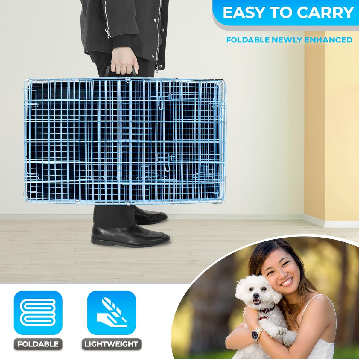 FDW Dog Crate for Small Dogs 24 Inch Folding Metal WirePet Cage Double Door W/Divider Panel Indoor