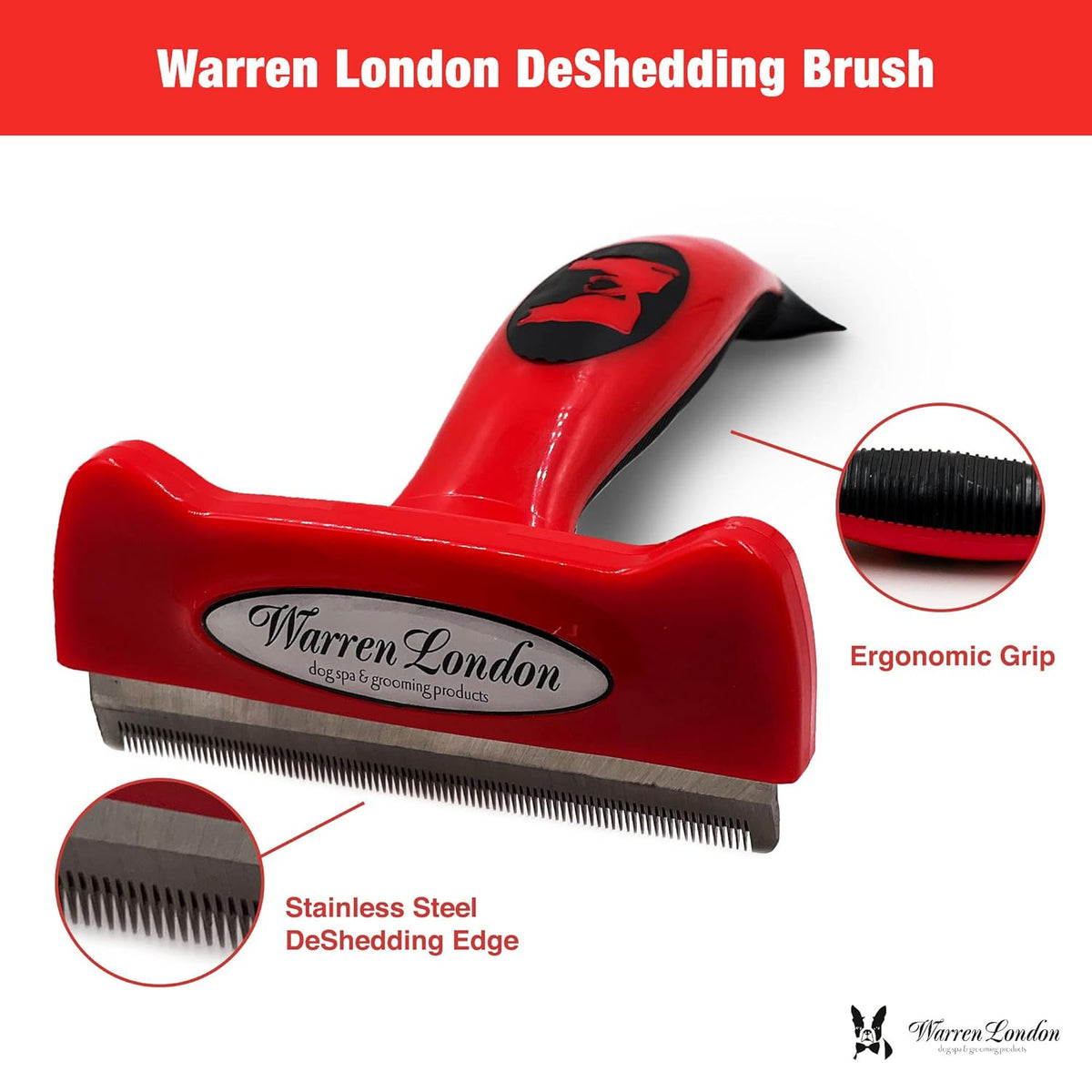 Warren London Deshedding Brush for Dogs – Large Short-Hair | 4-in Stainless-Steel Undercoat Rake