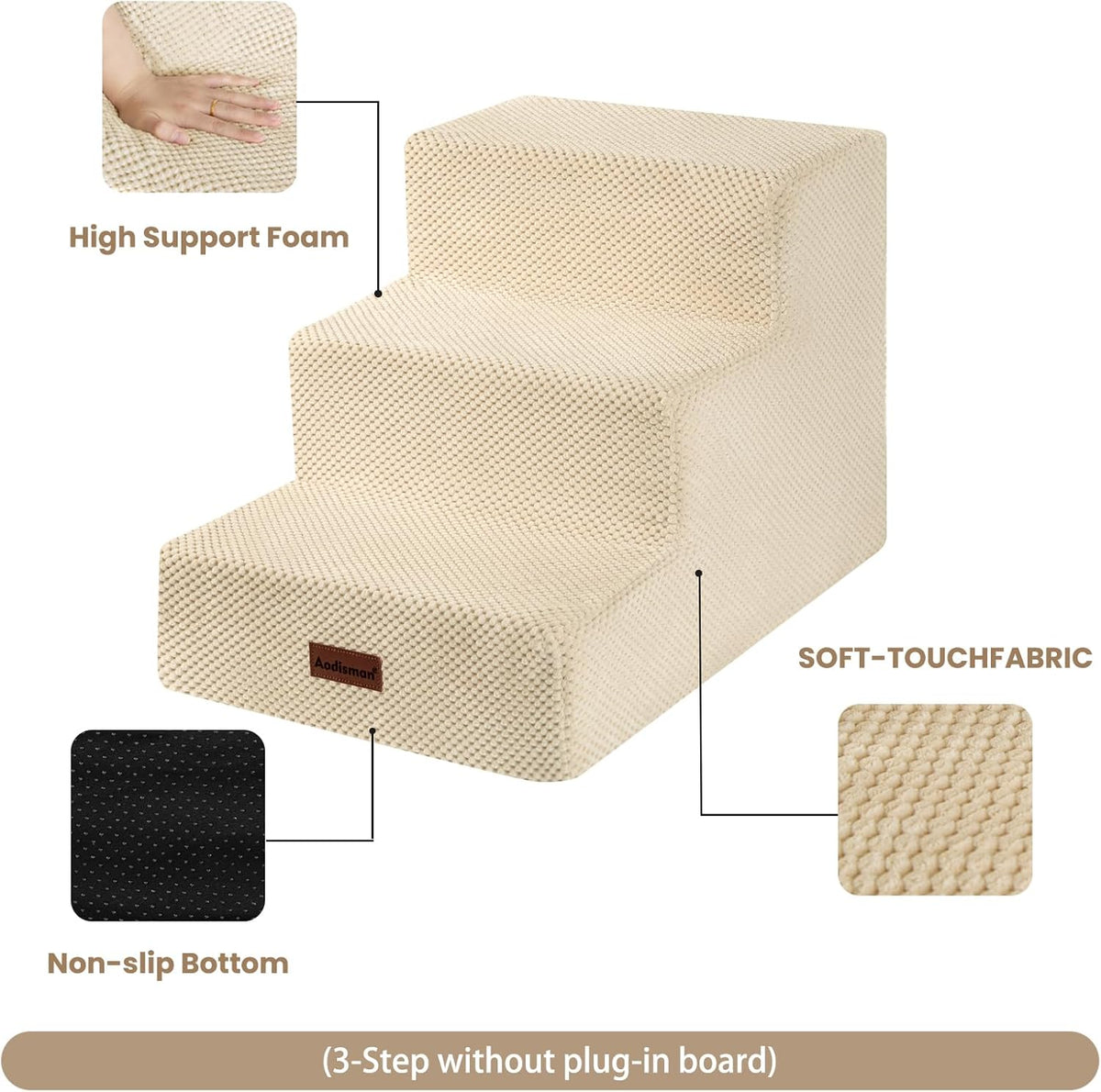 Dog Stairs for Small Dogs & Cats, 3-Step Extra Wide Non-Slip Pet Steps for Couch Sofa and Chair