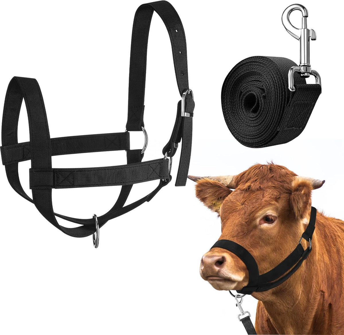 Hillban Cow Halter Cattle Halters Adjustable Calf Halter with Leading Rope for Miniature Horse