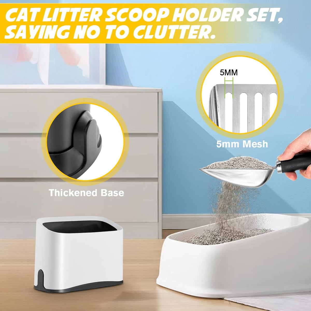 Cat Litter Scooper with Holder, Stainless Steel Cat Litter Scoop, Kitty Poop Scooper Stand for