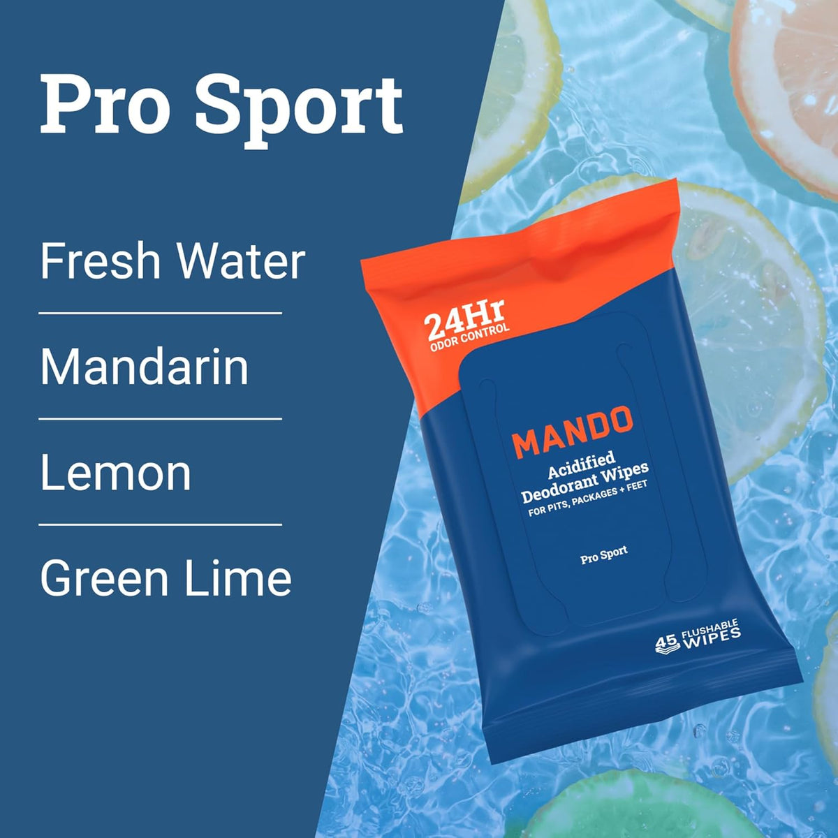 Mando Deodorant Wipes - 24 Hour Odor Control - Aluminum Free, Baking Soda Free, Skin Safe - 45
