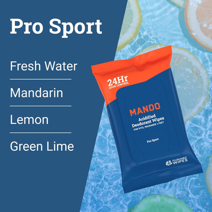 Mando Deodorant Wipes - 24 Hour Odor Control - Aluminum Free, Baking Soda Free, Skin Safe - 45
