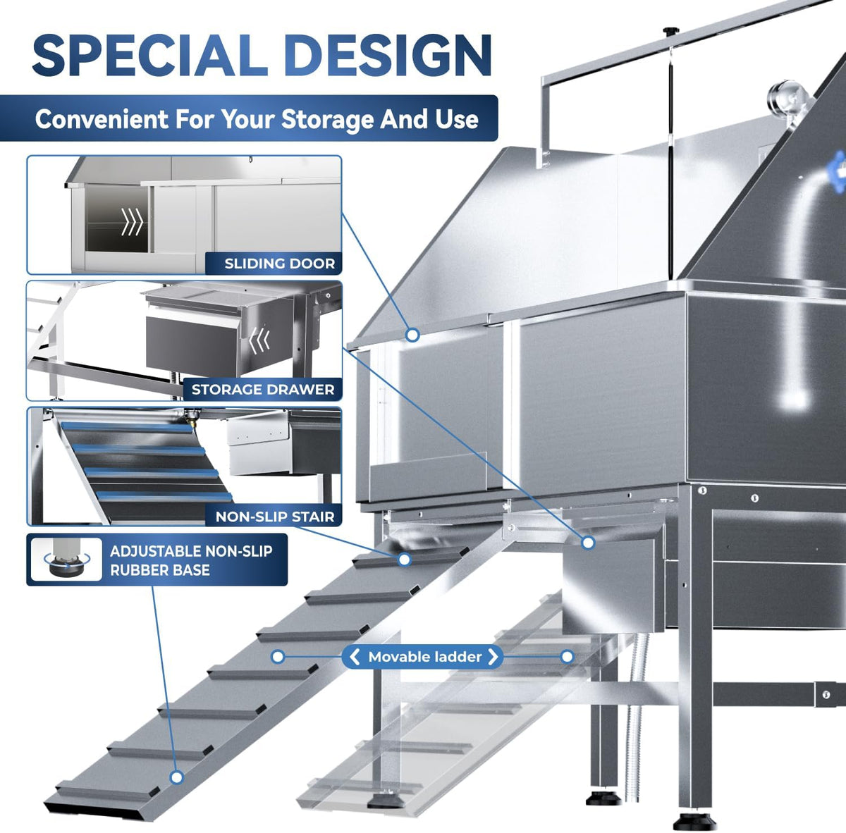 Professional 46" Dog Washing Station, Stainless Steel Dog Bathing Station, Height Adjustable Dog