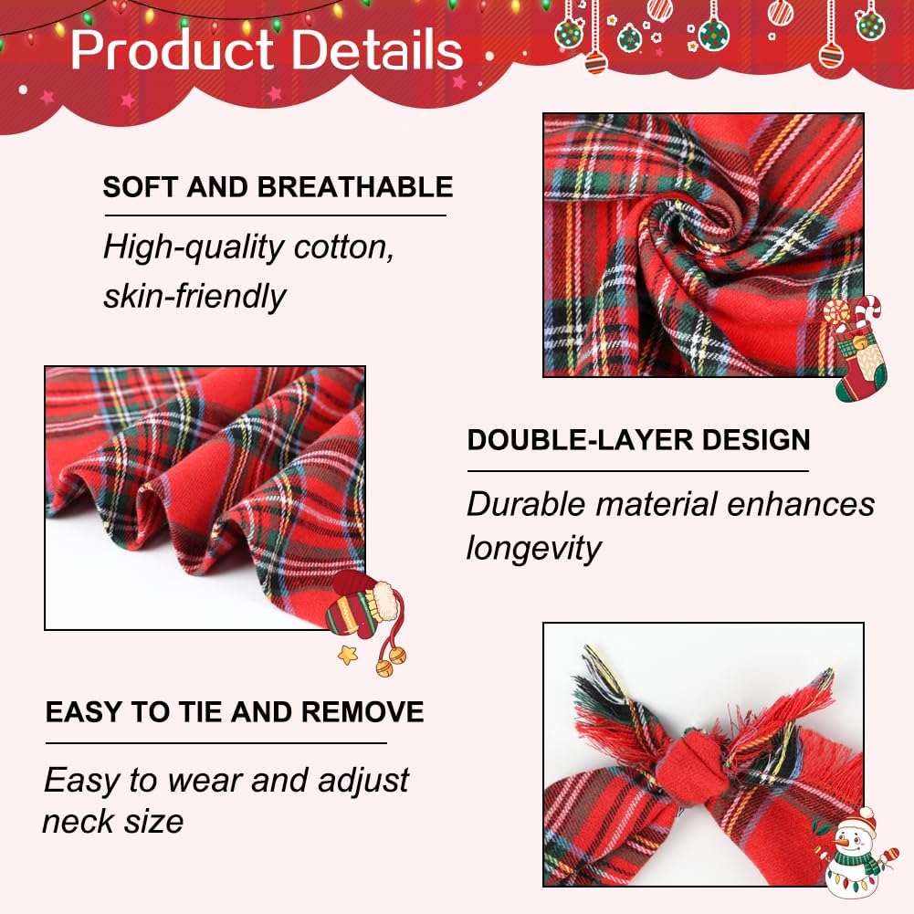 Vivifying Dog Christmas Bandana with Tassels Edges, 2 Pack Classic Plaid Triangle Dog Apparel &