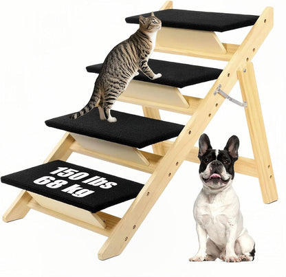 Foldable Dog Stairs/Ramp with 4 Steps - Durable Wooden Pet Stairs for Small, Medium, Large Dogs