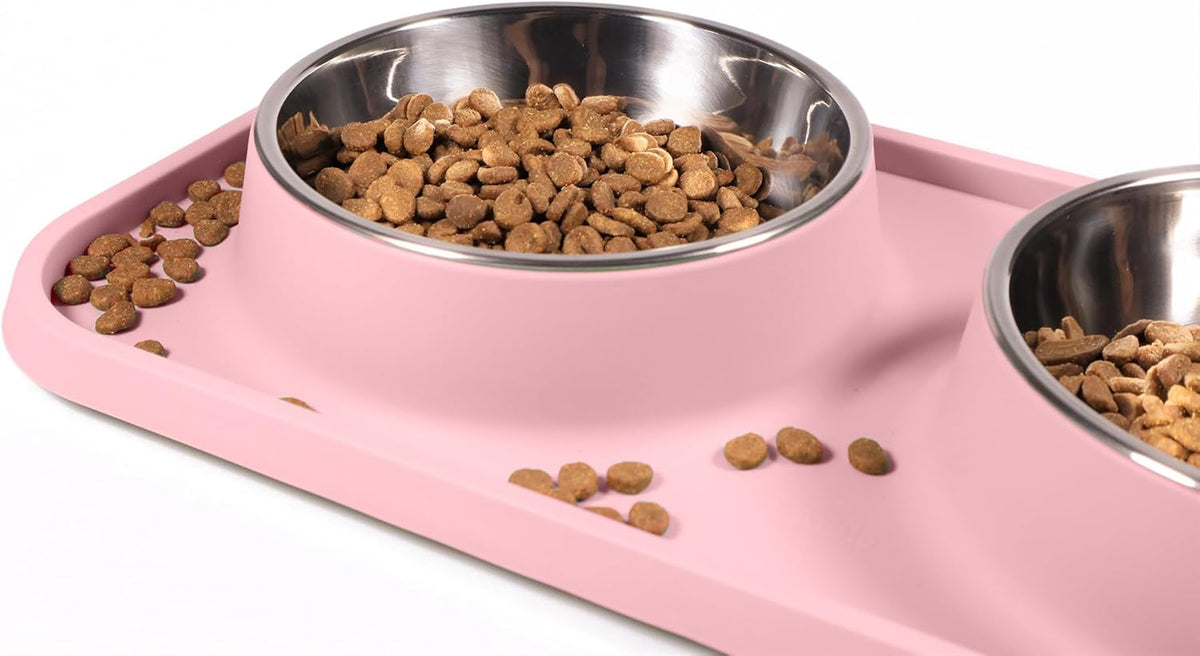 Cat Food Bowls, Cat Bowls Non-Skid and Non-Spill Silicone Pads with PP Stand, Removable Stainless