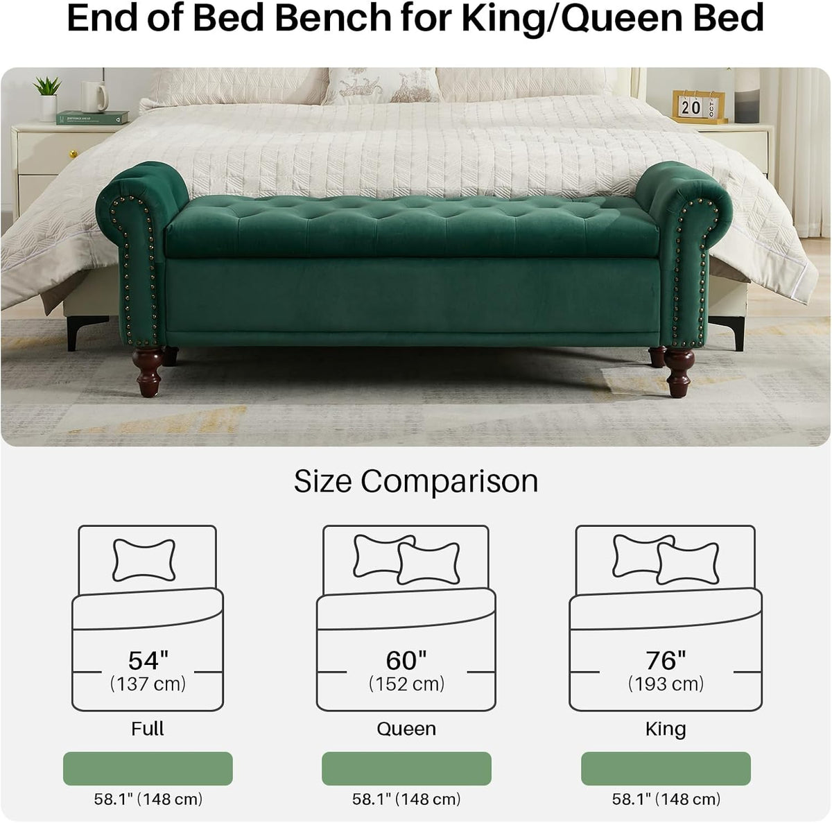 58.1'' Storage Bench Upholstered Velvet End of Bedroom Bed Bench Ottoman with Tufted Cushioned