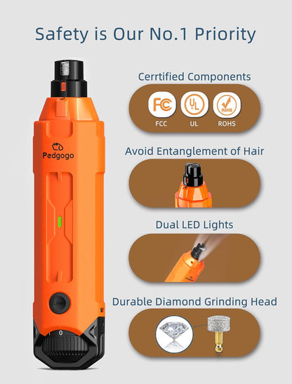 Dog Nail Grinder Super Quiet 45 db 6-Speed Pet Nail Grinder with 2 LED Lights 12000RPM & 3 Grinding