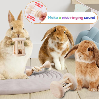 3 Pcs Wooden Bunny Toys - Safe Rabbit & Guinea Pigs Teeth Grinding Toys for Chinchillas, Hamsters &