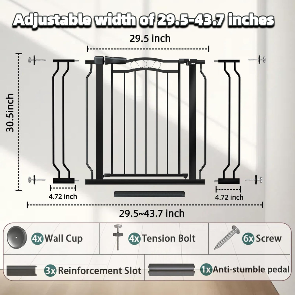 29.53"-43.30" Mornyray Auto-Close Baby Gate Extra Wide, Pressure Mounted Dog & Pet Gate for Stairs