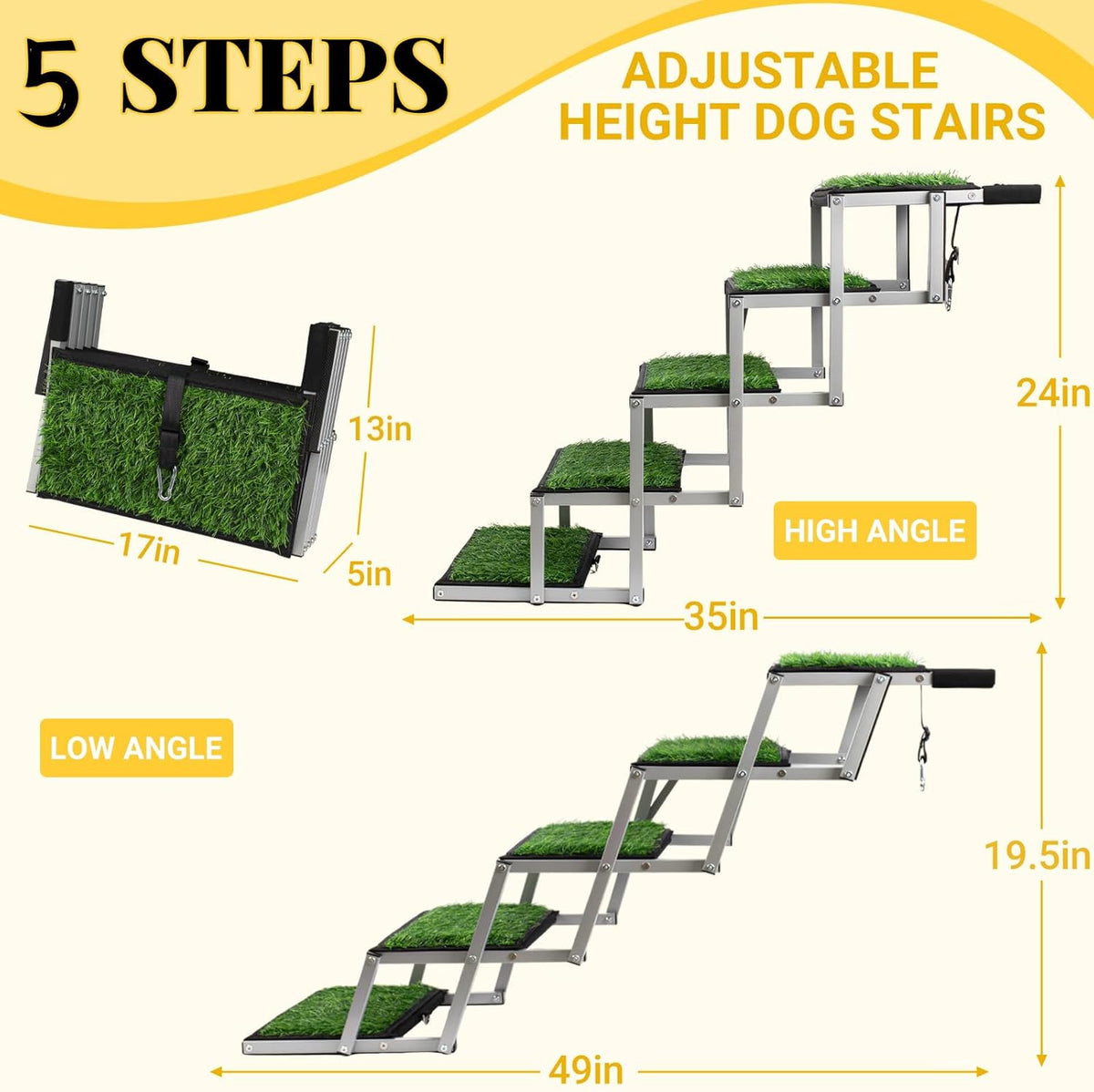 Dog Stairs for Car, Portable Folding Dog Ramps,Dog Steps for Large Dogs with Non-Slip Grass Rug for