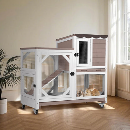 Rabbit Hutch Indoor for 2-4 Rabbits & Guinea Pigs，Bunny Cage with Slide-Out Plastic Trays，Wooden