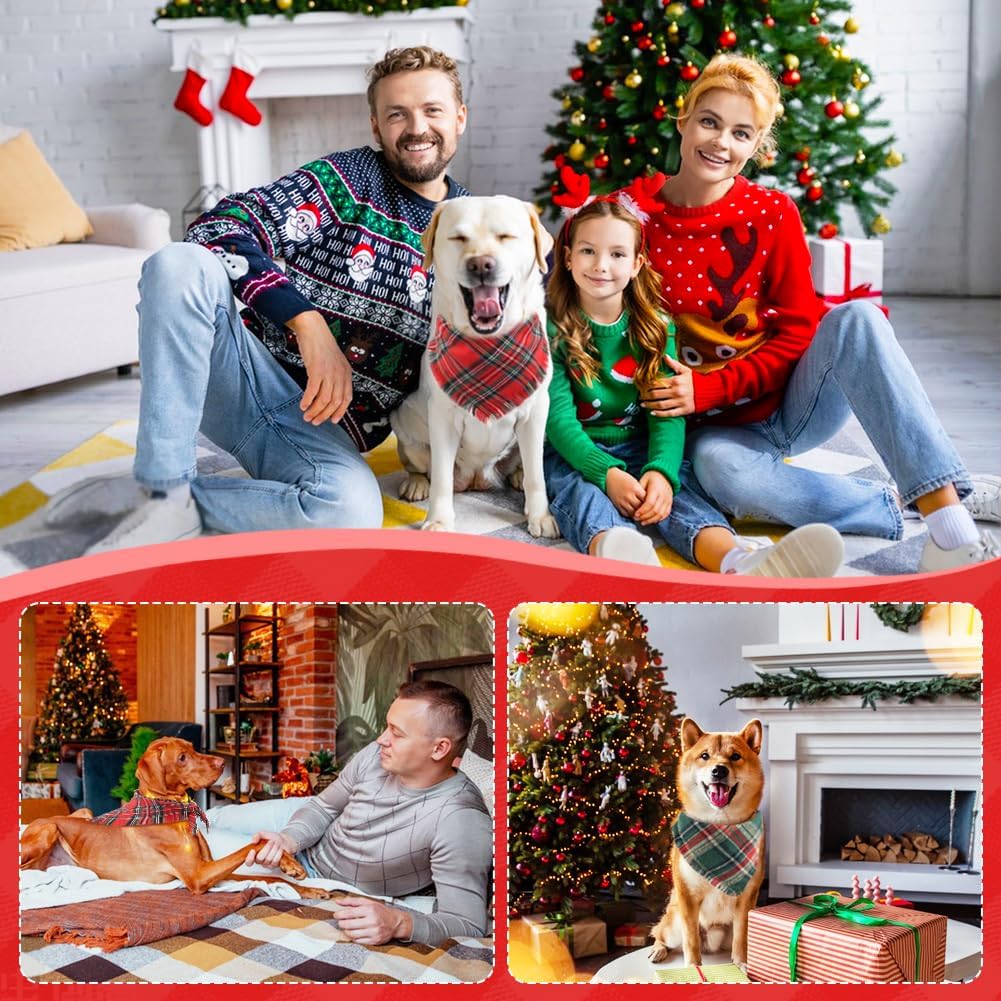 Vivifying Dog Christmas Bandana with Tassels Edges, 2 Pack Classic Plaid Triangle Dog Apparel &