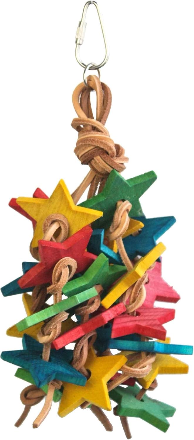Birds LOVE Wood Stars & Leather Toy for Bird Cage Stand or Playgym, Bird Toys for Small to Medium