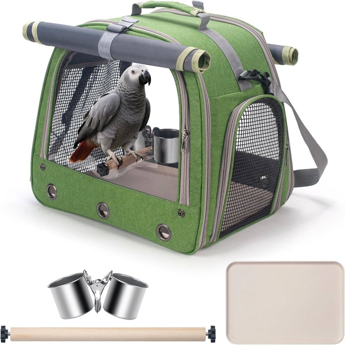 Bird Carrier Parrot Travel Cage with Perch, Food Bowl, Tray and Breathable Clear Window, Bird