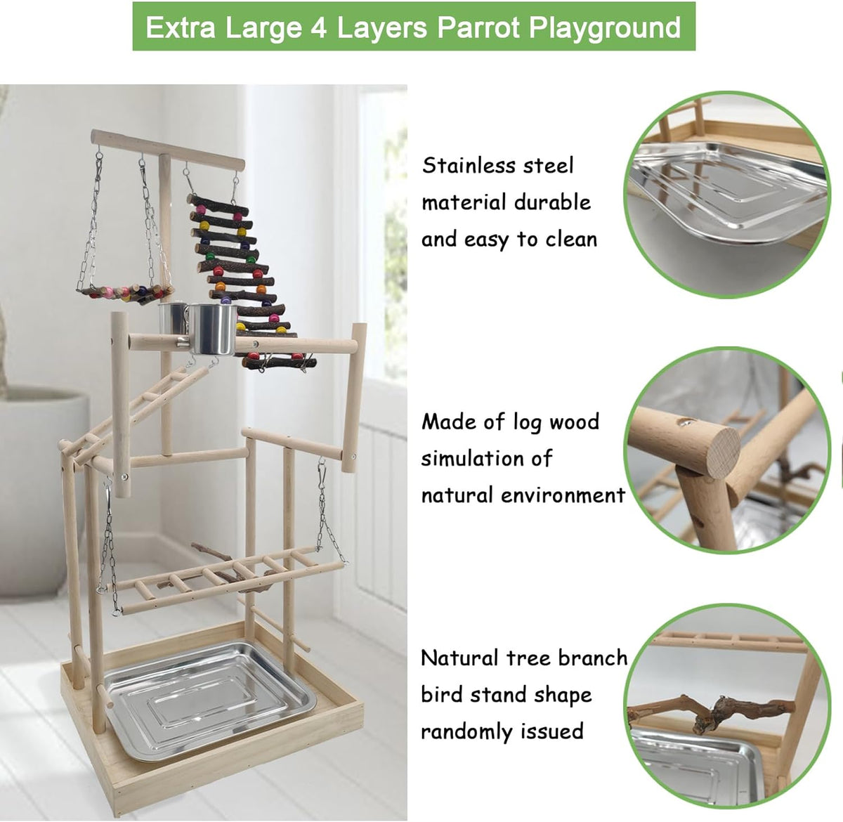 Hamiledyi 4 Layers Large Bird Playground 32" H Pet Parrot Playstand Gym Perch Wood Playpen for