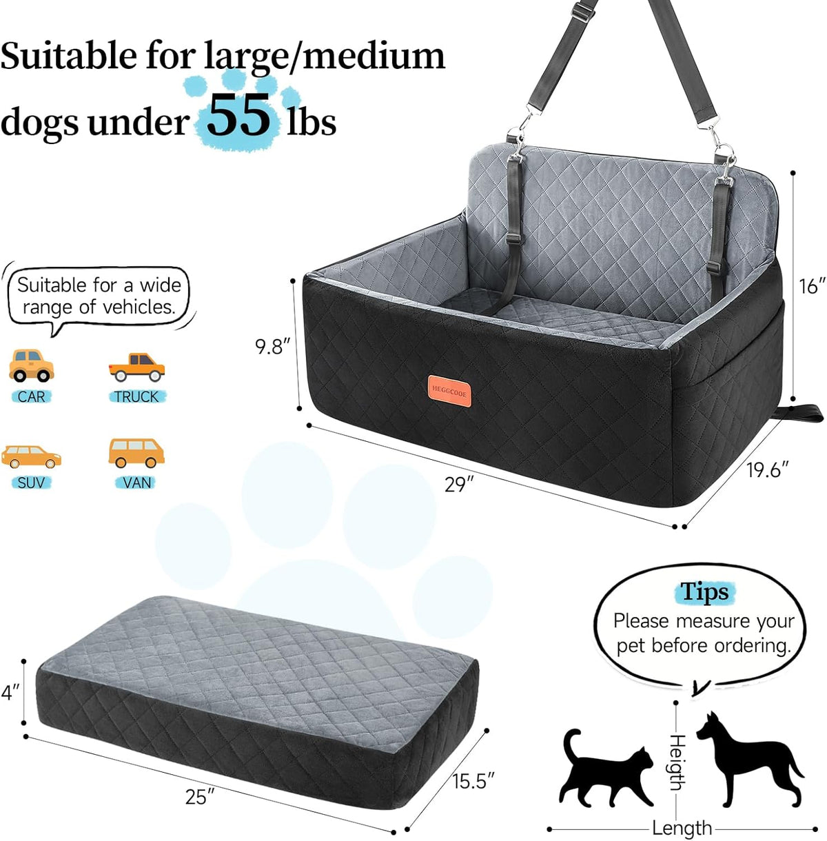 Dog Car Seat for Medium/Large Dogs, Pet Booster Seat for Under 55 lbs or 2 Small Dogs, Detachable &