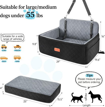 Dog Car Seat for Medium/Large Dogs, Pet Booster Seat for Under 55 lbs or 2 Small Dogs, Detachable &