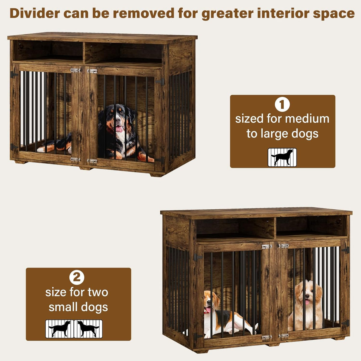Furniture Dog Crate for 2 Dogs, 41 Inch Dog Kennel Furniture with Removable Divider and Shelf