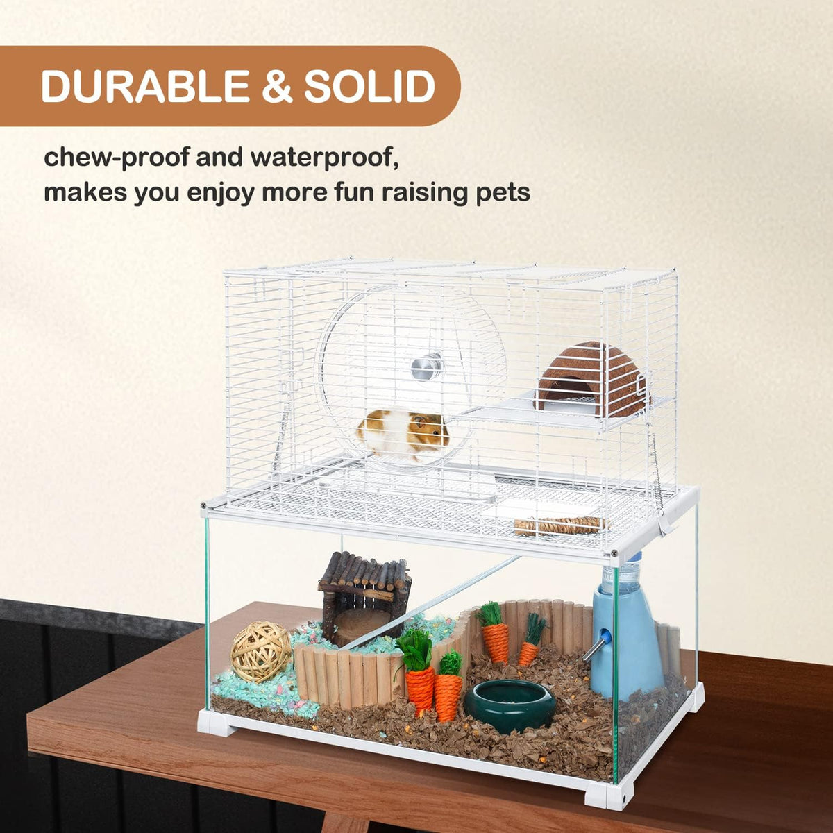 OIIBO 3 Tiers Large Hamster Cages Glass, Heightened Wire Topper with Two Shelf and Two Ladders