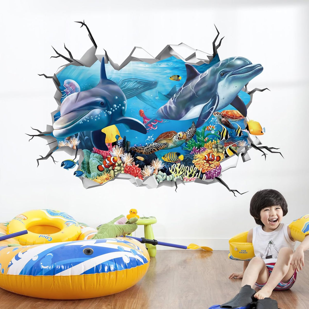 decalmile 3D Under The Sea Dolphin Fish Wall Decals Ocean Turtle Seaweed Broken Wall Stickers Boys