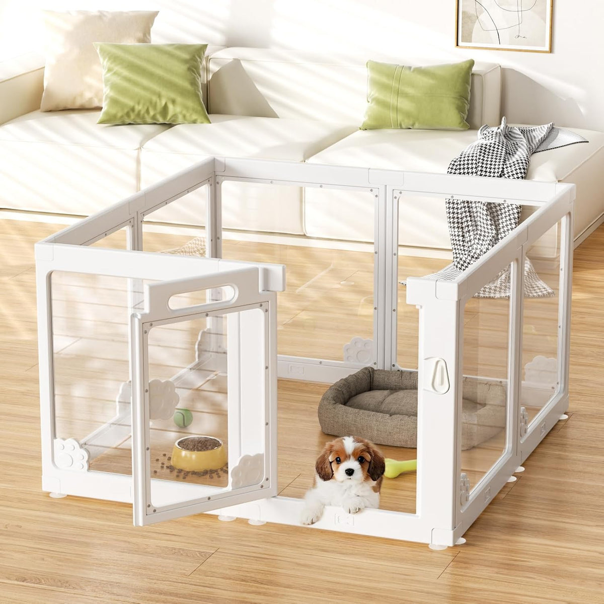 Acrylic Clear Dog Play Pen Indoors, Puppy Playpen with Door for Small Dogs Puppies, Transparent