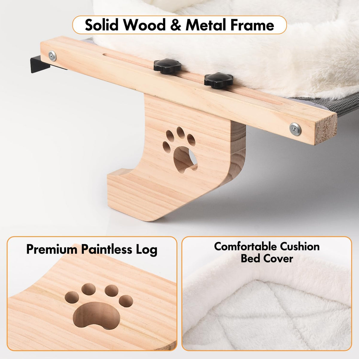 AMOSIJOY Cat Sill Window Perch Sturdy Hammock Seat with Cushion Bed Cover, Wood & Metal Frame for