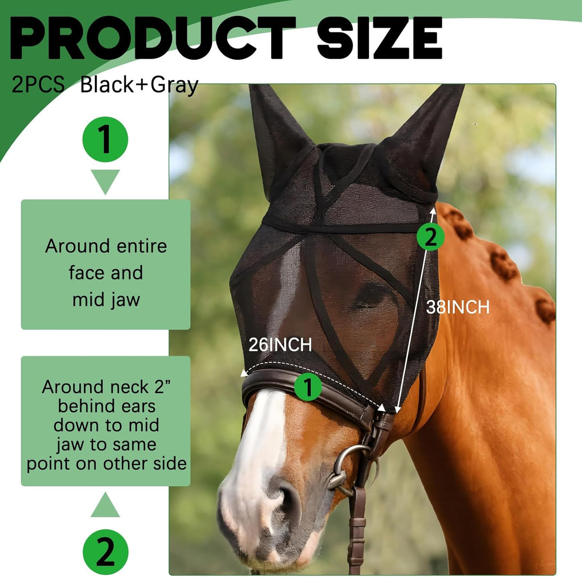 2 Pcs Horse Fly Mask with Ears Adjustable UV Protection Horse Fly Mask Accessories Large Eye Space